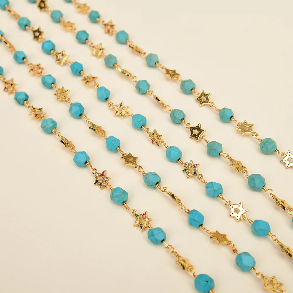 Eyeglasses chains APDGG 1 Meter Bezel Set Blue Turquoise CZ five pointed star Gold Plated Copper Fashion Chain Neck Pearl Jewelry Making DIY 231101