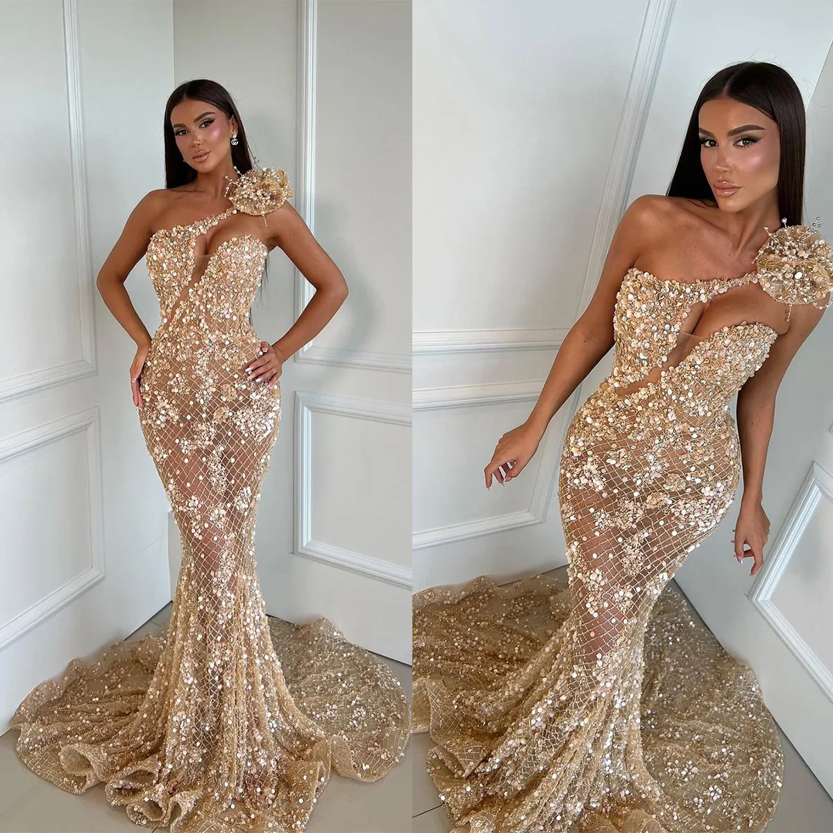 Arabia Shiny Rose Pink Prom Sexy Illusion One Shoulder Sequins Evening Party Gowns Women Formal Custom Made Dresses 6660306