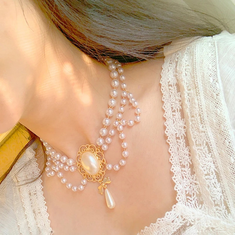 Chokers MENGJIQIAO Vintage Style 2 Layers Pearl Choker Necklace For Women Elegant Bowknot Pendant Wedding Jewelry 231101