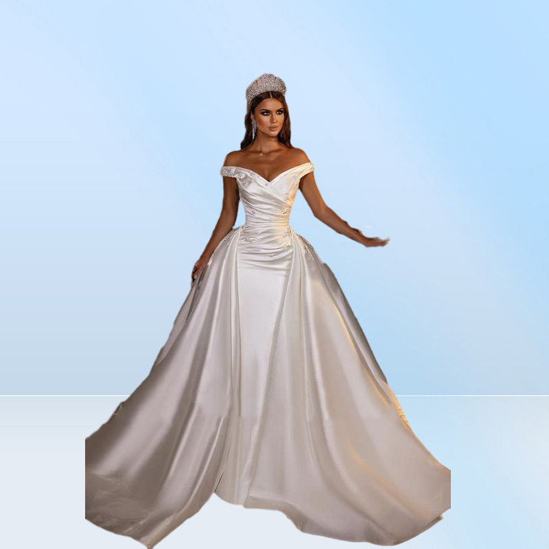 Modest Satin Mermaid Wedding Dresses With Detachable Sweep Train Elegant Off Shoulder Beaded Cyrstals Corset Back Bridal Gowns Ves