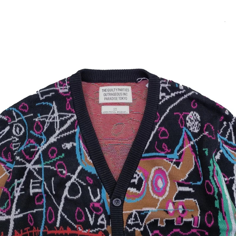 Men s Jackets Quality V Neck Knitted Cardigan Men Women Hip Hop Full Graffiti Jacquard Color Matching WACKO MARIA Sweater Coat With Tag 231101