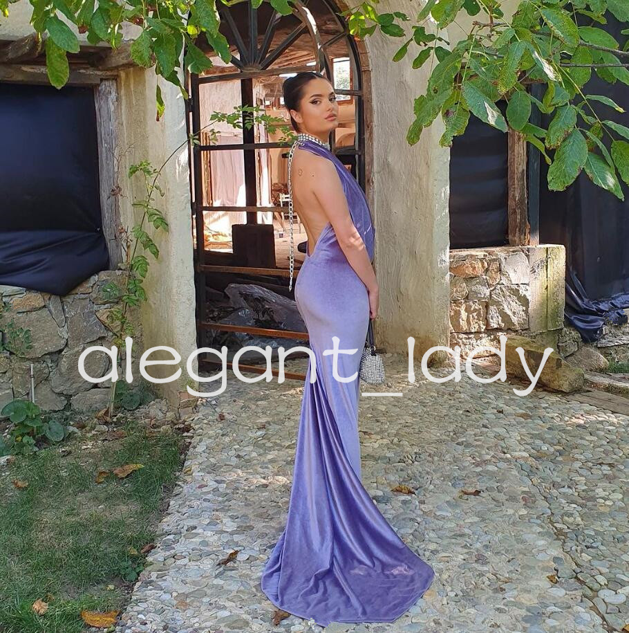 Lilac Lavender Velvet Mermaid Long Prom Dress for Women Halter Neck Backless Runway Celebrity party Guest Evening Gown
