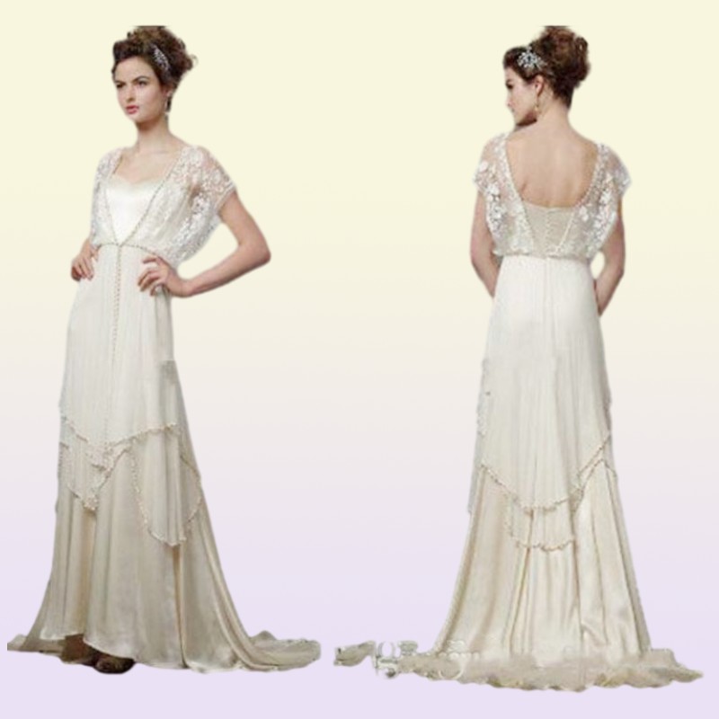 Vintage Ivory 1920s Wedding Dresses with Sleeves Catherine Deane Lita Modest Fairy Lace Chiffon Vneck Full Length Bridal Gow