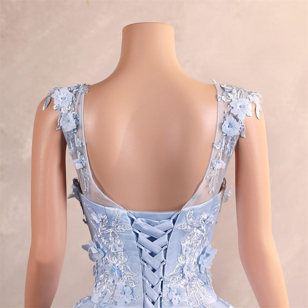 Quinceanera Dresses Princess Sky Blue Flowers Appliques Beading Deep V-Neck Tulle Ball Gown Lace-up Plus Size Sweet 16 Debutante Party Birthday Vestid