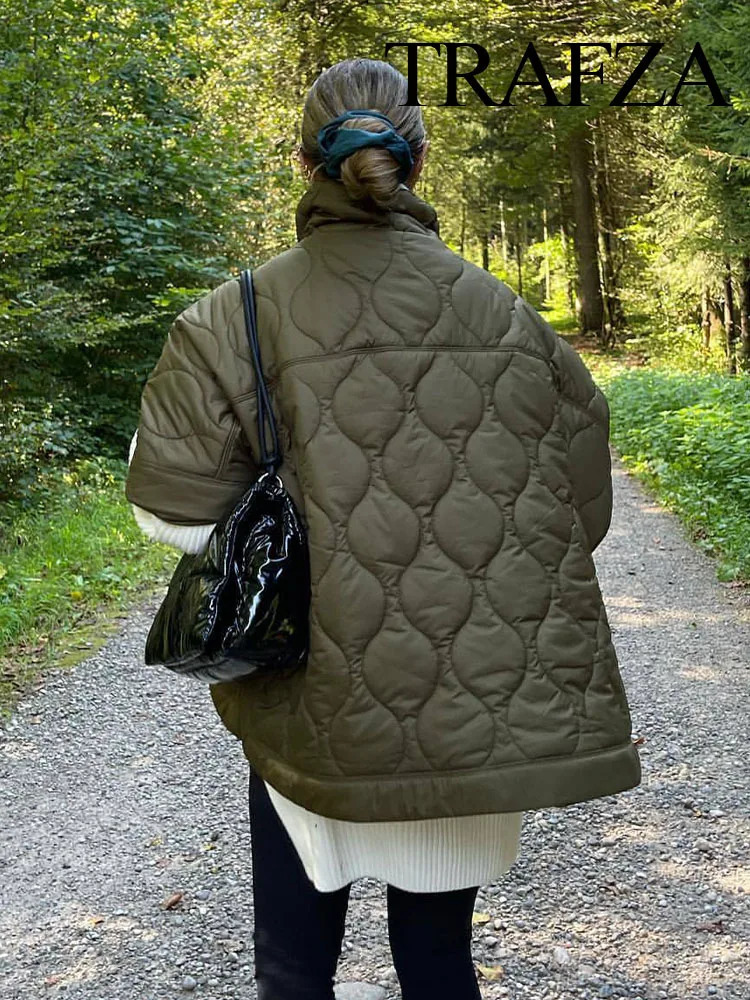 Women's Down Parkas TRAFZA Women Fashion Winter Parka Casual Half Sleeves High Neck Coat Woman Thick Pocket Warm Loose Jacket Female Tops Streetw