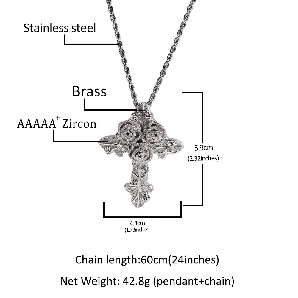 Chokers THE BLING KING Rose Flowers Cross Pendant Iced Out Bling Cubic Zirconia Necklace Hiphop Punk Jewelry 231101