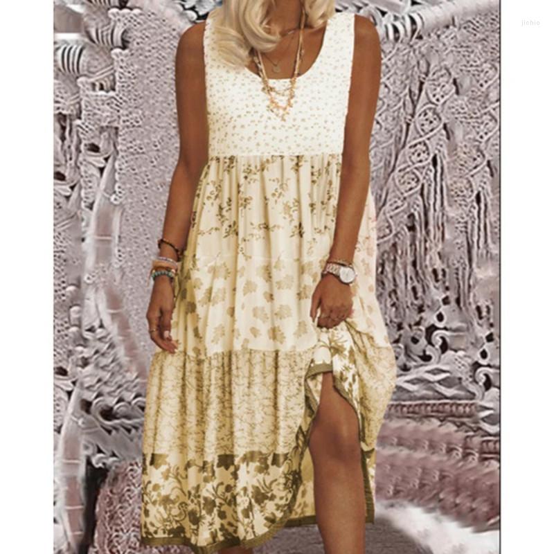 Casual Dresses Woman Floral Sleeveless Vest Dress Stitching Printing Contrast Pink Flowers Lady Small Fresh Summer Female