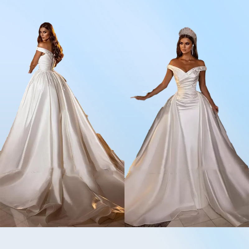 Modest Satin Mermaid Wedding Dresses With Detachable Sweep Train Elegant Off Shoulder Beaded Cyrstals Corset Back Bridal Gowns Ves