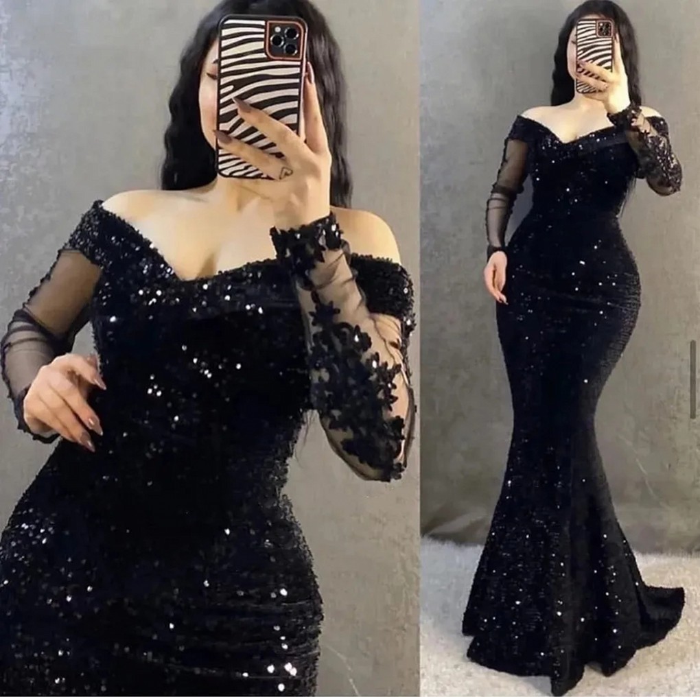 Glitter Sequins Mermaid Black Evening Dress 2025 Off The Shoulder Long Sleeves Women Formal Plus Size Prom Birthday Party Gown Robe De Soiree