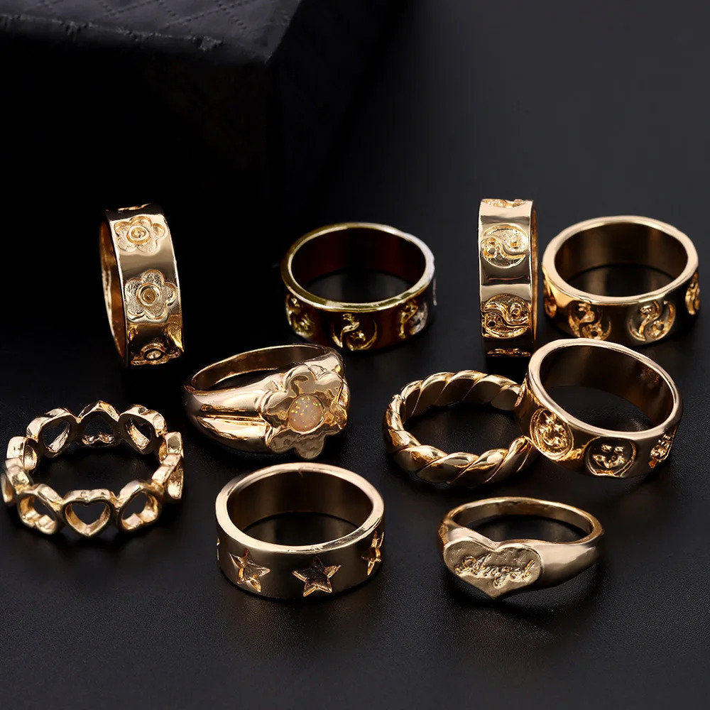 Wedding Rings Vintage Golden Heart Smile Set for Women Ins Style Metal Love letter Fashion Finger Girls Jewelry Gifts 231101