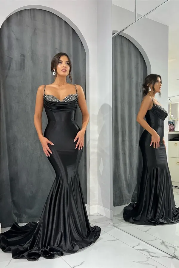 Sexy Spaghetti Black Mermaid Prom Dresses Crystals Beaded Long Sweep Train Simple Satin Special Occasion Gowns Pleats Elegant Women Formal Evening Dre