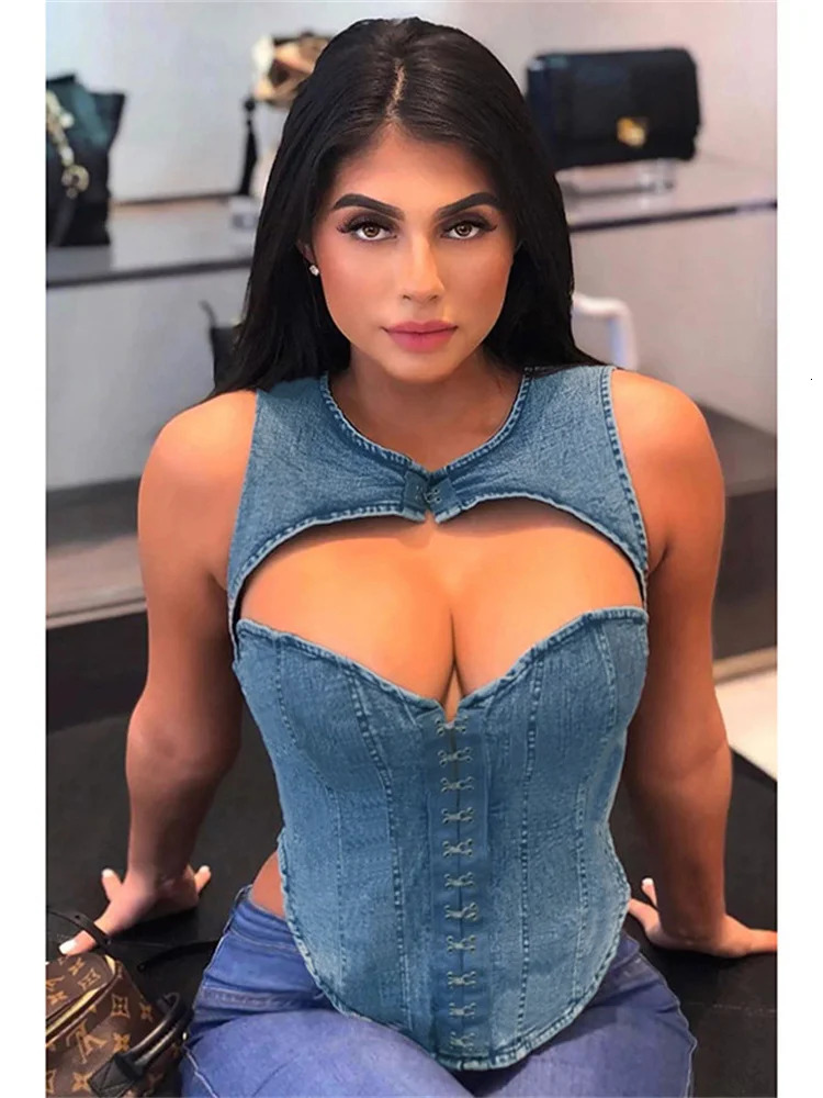 Camisoles Tanks Weird Puss Denim Hollow Women Tank Tops Single Breasted Irregular Non Stretch Summer Fashion Wild Streetwear Y2K Hipsters Vest 231101