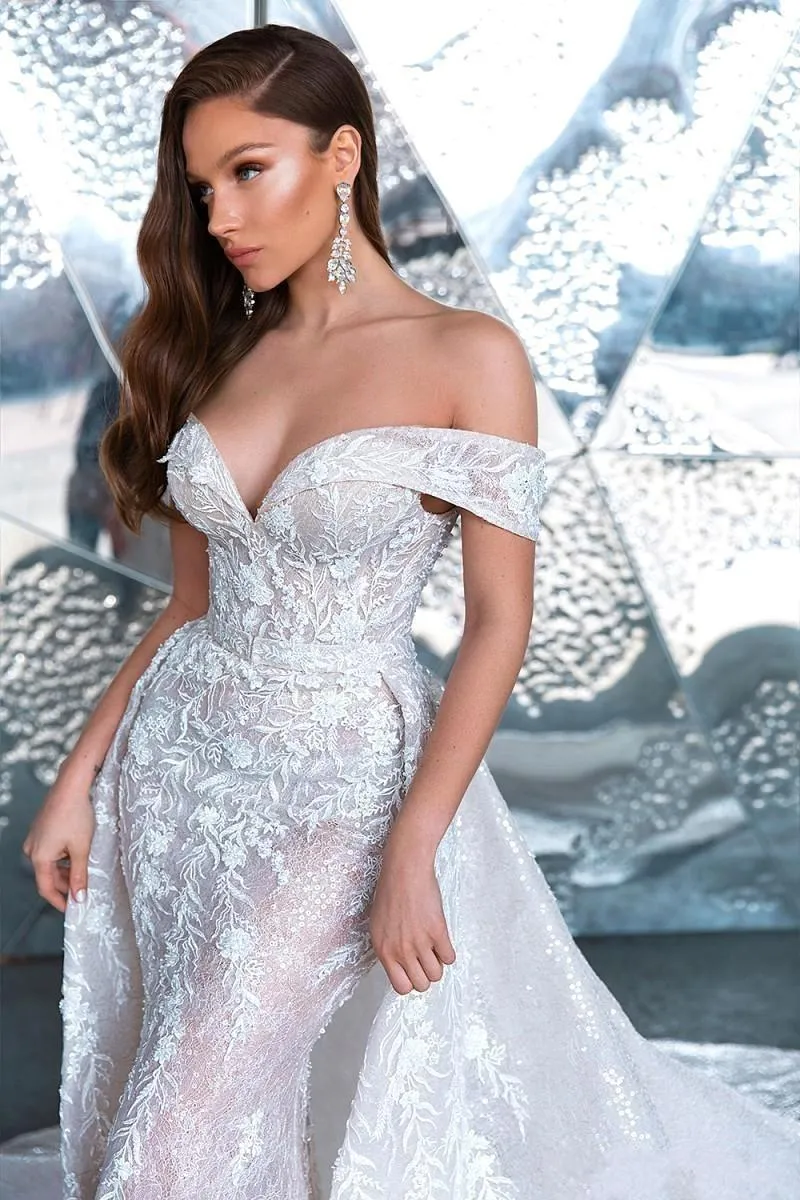 Vintage Lace Mermaid Wedding Dress With Detachable Train Off The Shoulder Appliqued Bridal Gowns Arabic Aso Ebi Vestido De Novia Plus Size Trumpet Bc1