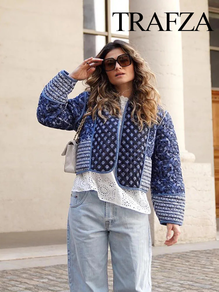 Women's Jackets TRAFZA Women Fashion Vintage Pint Cotton Coat Patchwork O Neck Loose Long Sleeve Jacket Autumn Outerwear Chic Woman Streetwear 23
