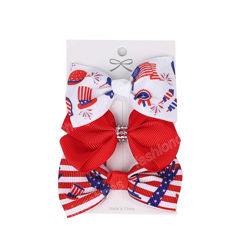 Girls Hair Bows Clip 4th Of July Independence Day Ribbon Bowknot Hairpins Star Stripes USA Flag Patriotic Hair Accessories 3pcs/Lot