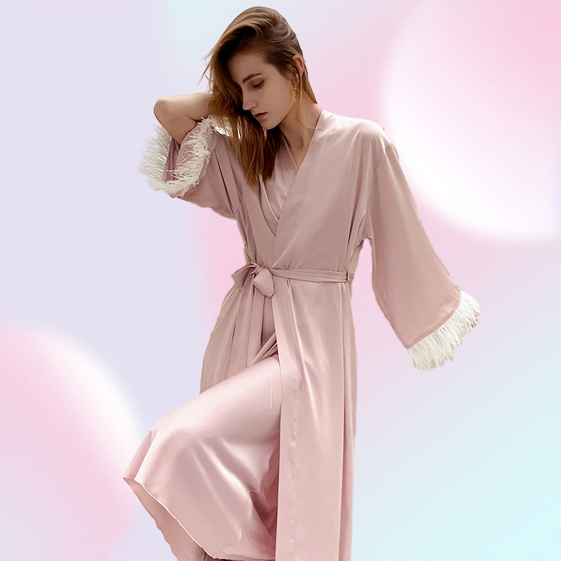 YAOTING Kimono Pink Silk Luxury Pajamas Satin Sexy Woman Nightgown Custom Bathrobe Nightie Sleepwear Home Clothes Robe 2205103820492