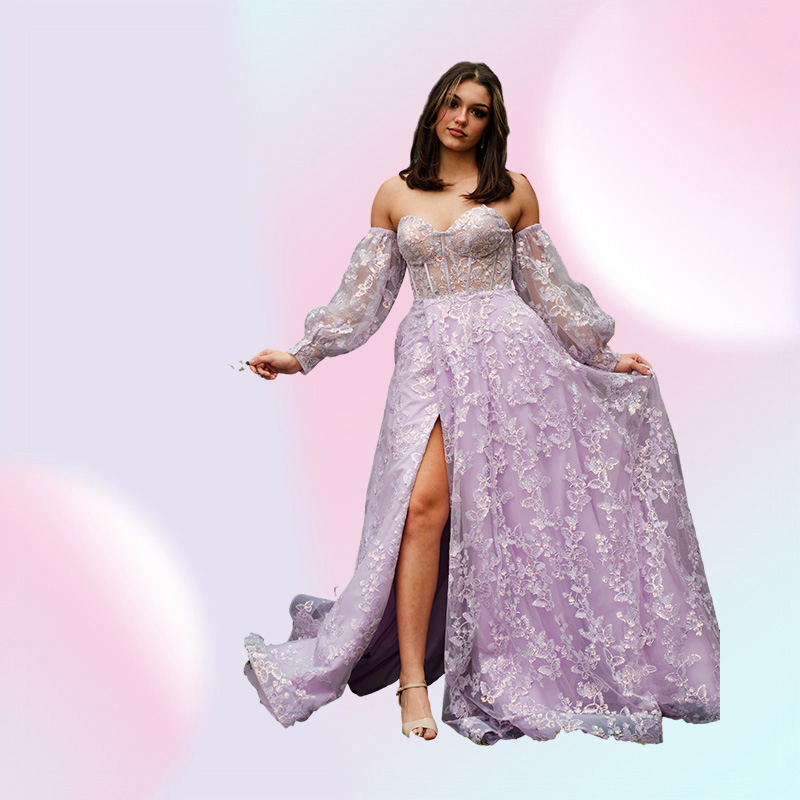 Sweetheart Lilac Long Evening Party Dress Embroidered Butterfly Robe De Soiree Detachable Sleeves Lavender Prom Dresses Lady