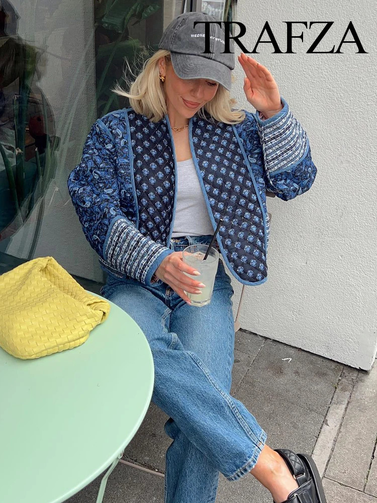 Women's Jackets TRAFZA Women Fashion Vintage Pint Cotton Coat Patchwork O Neck Loose Long Sleeve Jacket Autumn Outerwear Chic Woman Streetwear 23