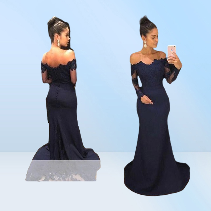 Navy Blue Mermaid Lace Evening Prom Dresses Elegant Off Shoulder Long Sleeve Appliqued Train Bridesmaids Dress MOTHER Dress BA9443