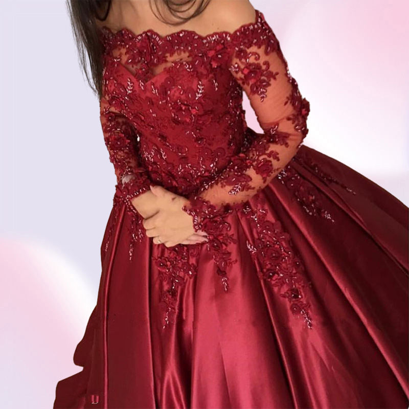 Burgundy Dark Red Ball Gown Wedding Dresses Off Shoulder Long Sleeves Satin Lace Appliques Flowers Beaded Plus Size Formal Bridal