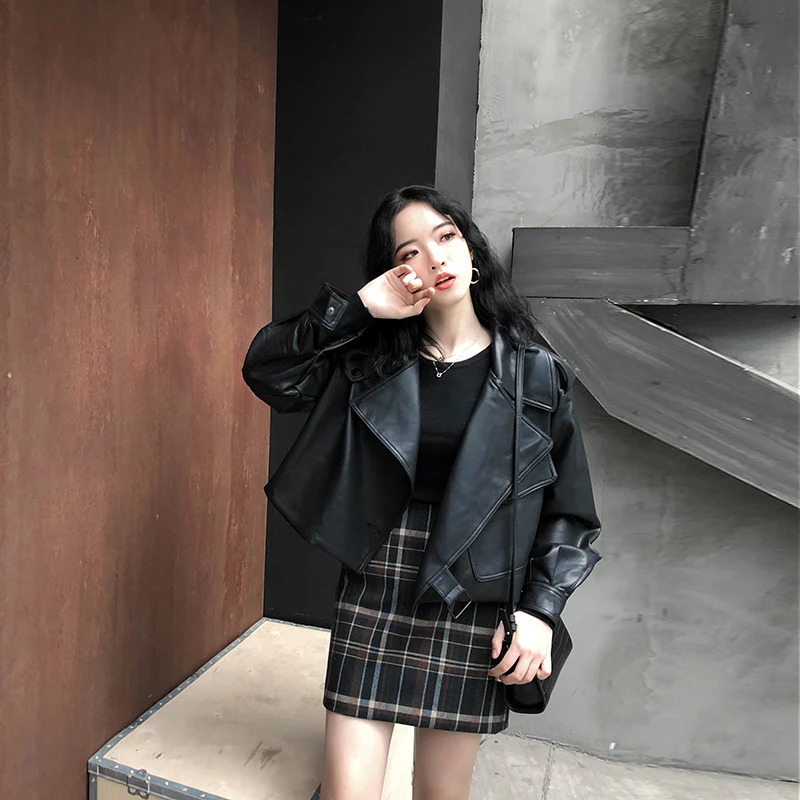 Women's Jacket Pu Leather 2023 Spring Autumn Loose Streetwear Turndown Collar Motorcycle Jackets Outerwear Women Clothing 231031