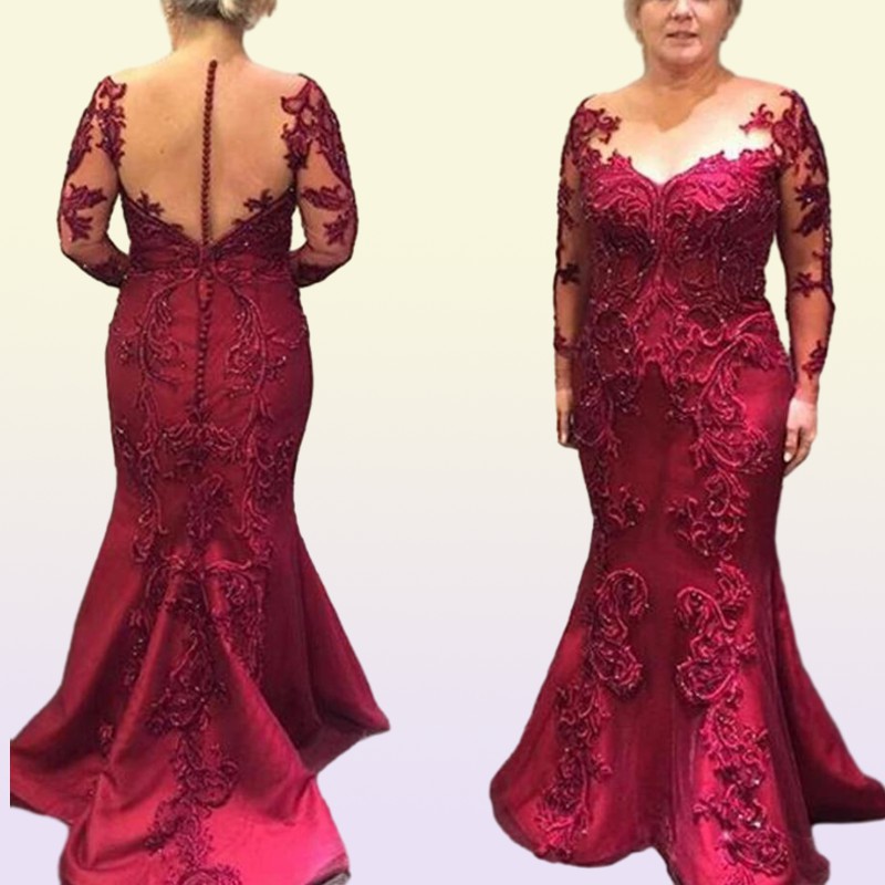 Dark Red MOTHER Of The Bride Dresses Lace Appliuque Beading Illusion Long Sleeves Formal Evening Gowns Gorgeous Wedding Groom