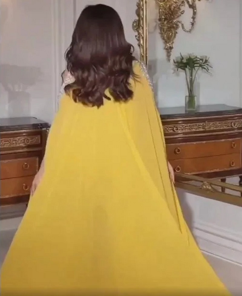 Yellow Women Evening Formal Dress Beaded Long Sleeves O-Neck A-line Birthday Party Gown Prom Dresses 2024 Arabic Robe De Soiree Vestidos De Fieast