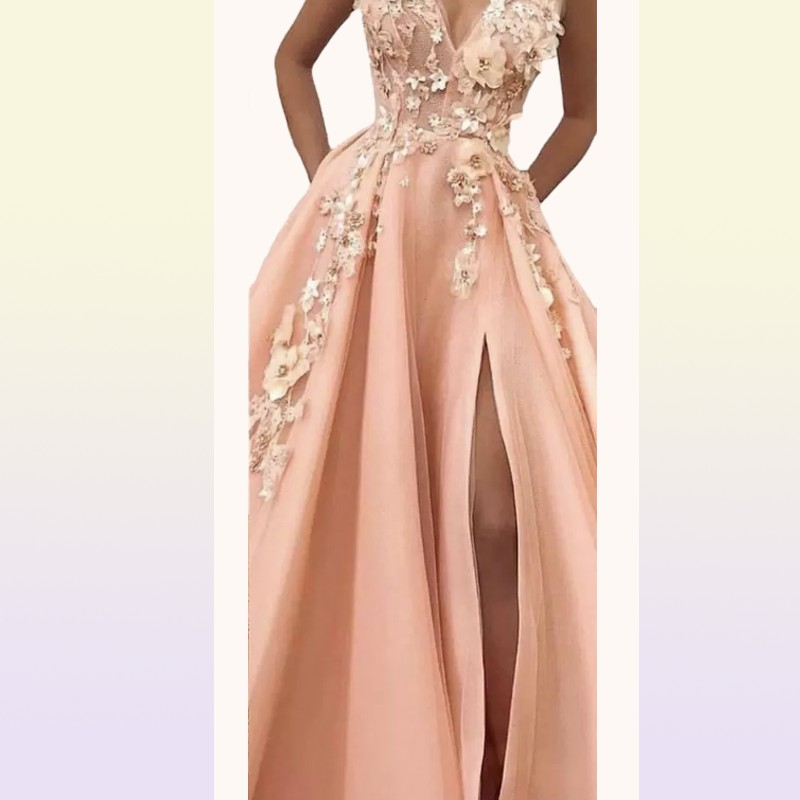 Newest Peach Prom Dresses V Neck Hand Made Flowers 3D Side Slit Tulle Floor Length Evening Dresses Gowns Pink Women Dresses B