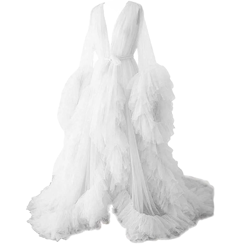 Ruffles Long Tulle Prom Dresses For Pregant Women Illusion Long Sleeves Sexy A-Line Special Occasion Dress Maternity Bathrobe Evening Gowns Photo Shoo