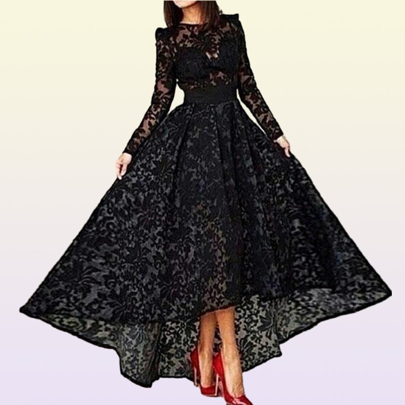Black Lace Evening Dresses A Line Elegant Long Prom Dresses Crew Neck Long Sleeve Hi Lo Party Gown Special Occasion