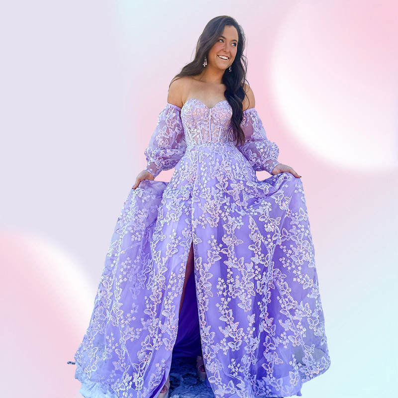 Sweetheart Lilac Long Evening Party Dress Embroidered Butterfly Robe De Soiree Detachable Sleeves Lavender Prom Dresses Lady