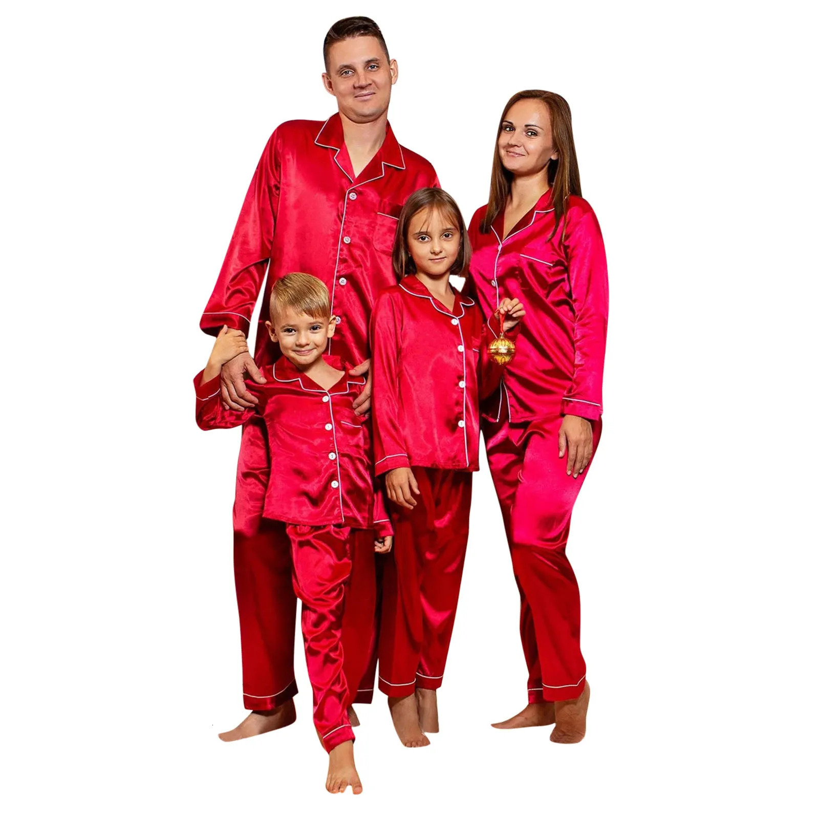 Family Matching Outfits 2PCS Christmas Satin Pajamas PJs Solid Family Matching Xmas Winter Long Sleeve Sleepwear Pants Set For Kid Boys Girls Woman Ma