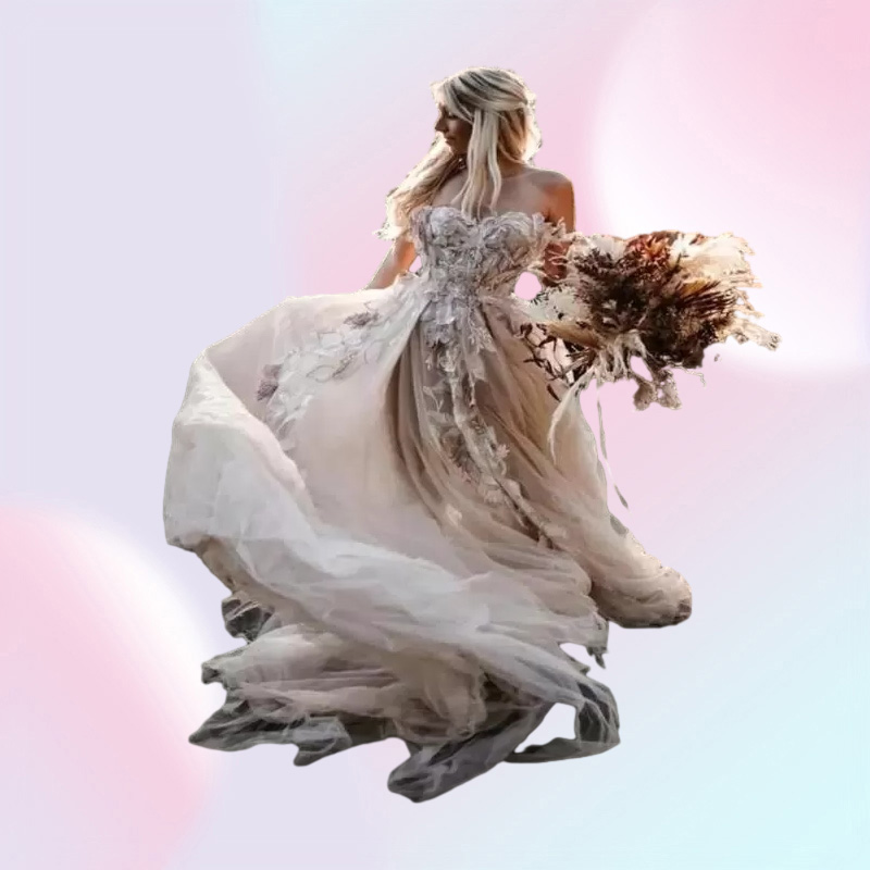 Backless Lace Boho Wedding Dress 3D Appliqued Summer Beach Bridal Gowns Off The Shoulder Tulle Outdoor Lady Marriage Dresses