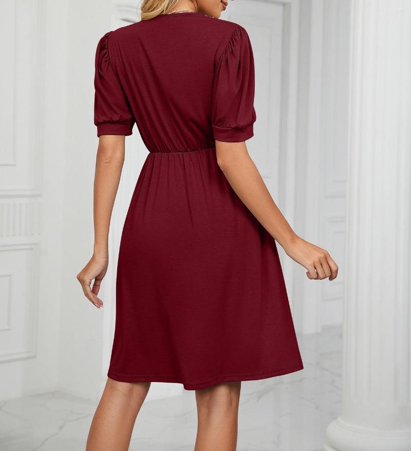 Casual Dresses Vestidos Female 2023 Spring And Summer Solid Color Splicing V-neck Short Sleeve Pocket Dress Fashion Birthday Party