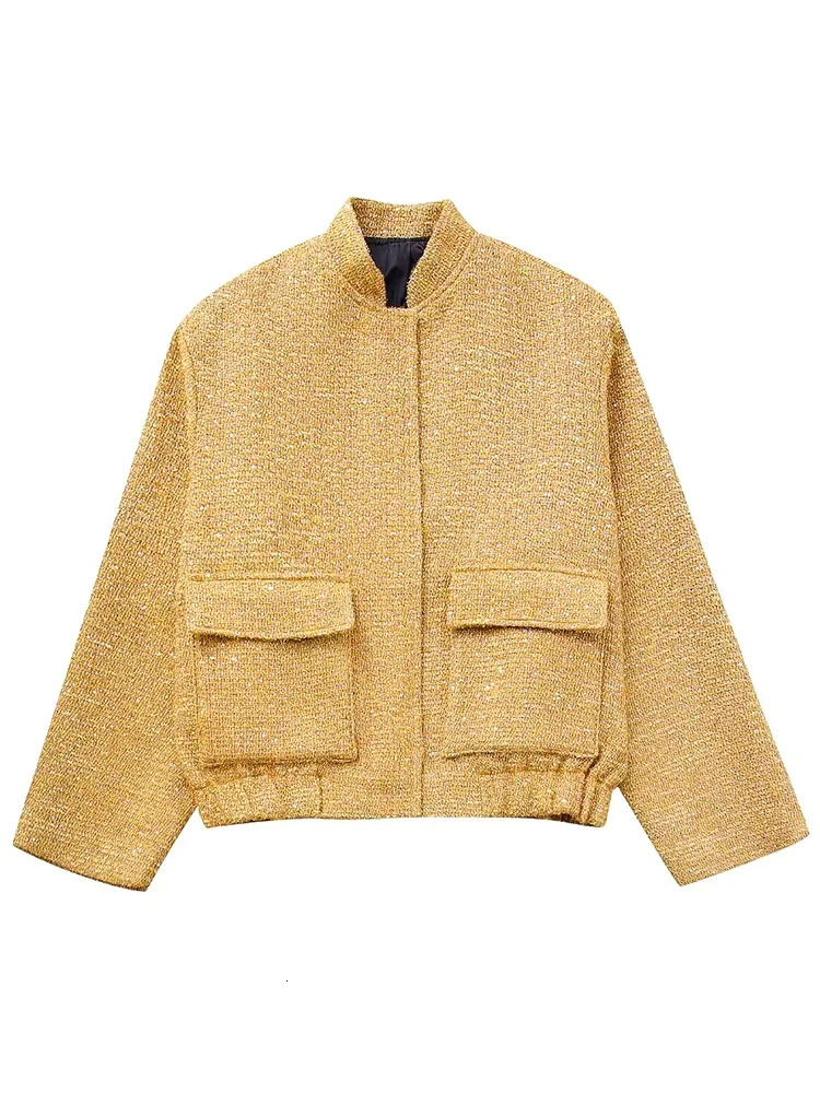 Women's Jackets Fashion Sequin Bomber Jacket For Women 2023 Stand Collar Long Sleeve Gold Coats Female Winter Autumn Loose Vintage Outerwear 2310