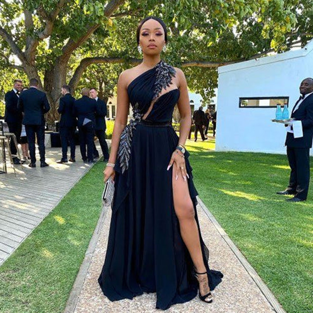 One Shoulder Elegant Evening Black A Line Prom Dresses Formal Party Reception Gowns Robe