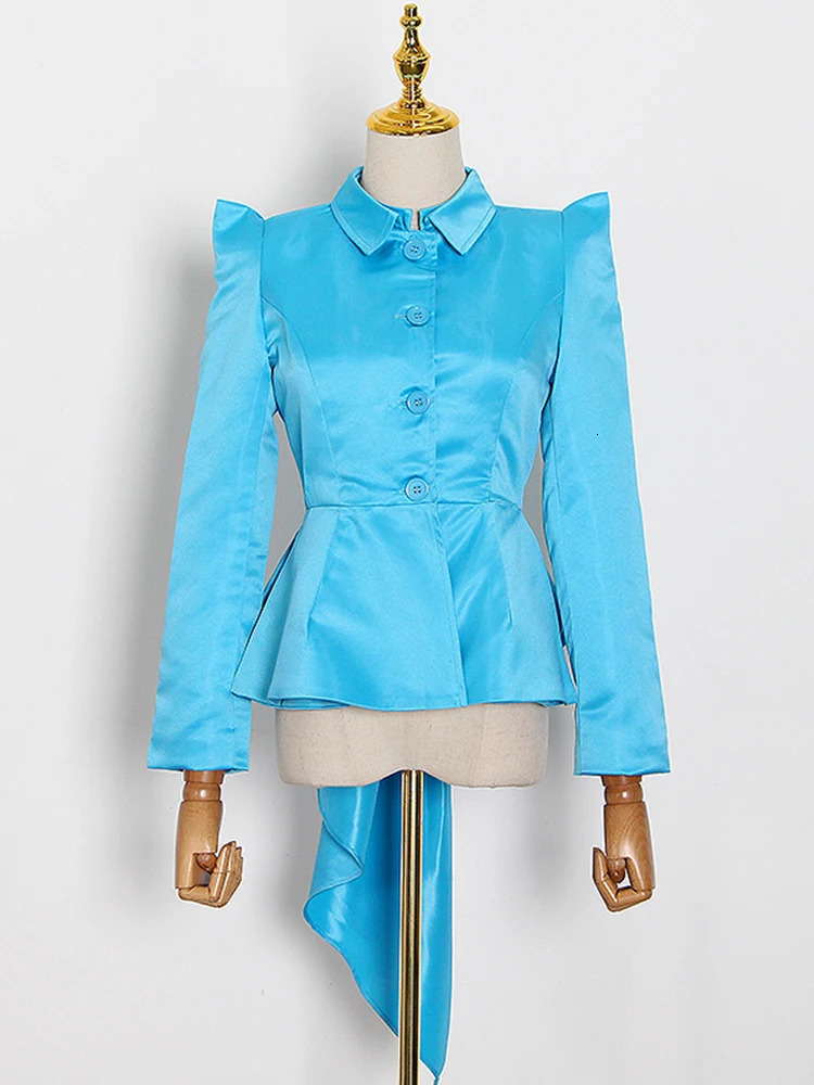 Women's Jackets VGH Irregular Blue Casual Jacket For Women Lapel Long Sleeve High Waist Solid Coat Female Autumn Fashion Clothing 231031