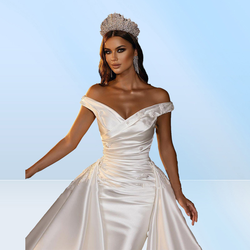 Modest Satin Mermaid Wedding Dresses With Detachable Sweep Train Elegant Off Shoulder Beaded Cyrstals Corset Back Bridal Gowns Ves
