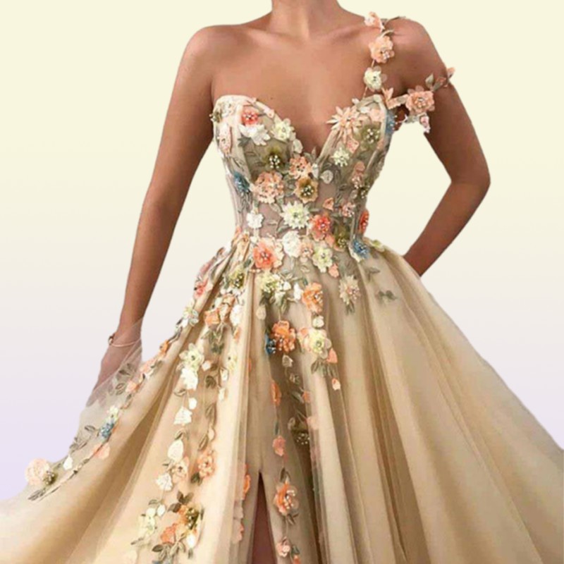 One Shoulder Tulle A Line Long Prom Dresses 3D Floral Lace Applique Beaded Split Floor Length Formal Party Evening Dresses