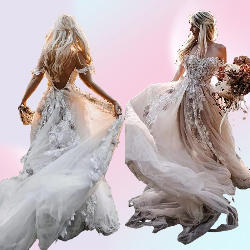 Backless Lace Boho Wedding Dress 3D Appliqued Summer Beach Bridal Gowns Off The Shoulder Tulle Outdoor Lady Marriage Dresses