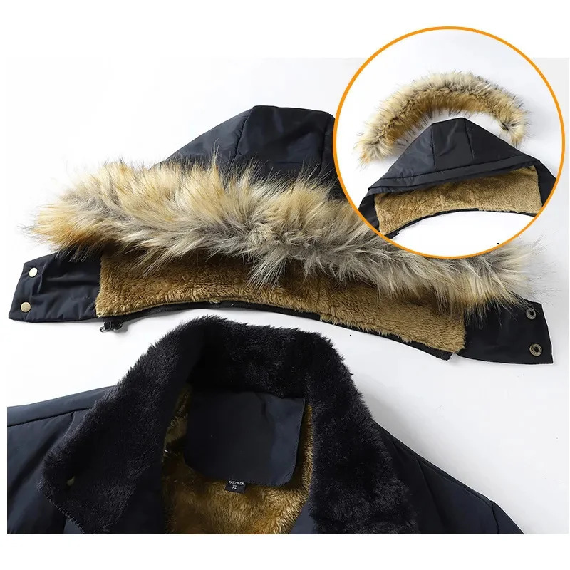 Men's Down Parkas 2024 Black Midlength Plus Velvet Thick Cottonpadded Jacket Winter Hooded Parka Hat Removable Coat Men Jaqueta Masculina 231031