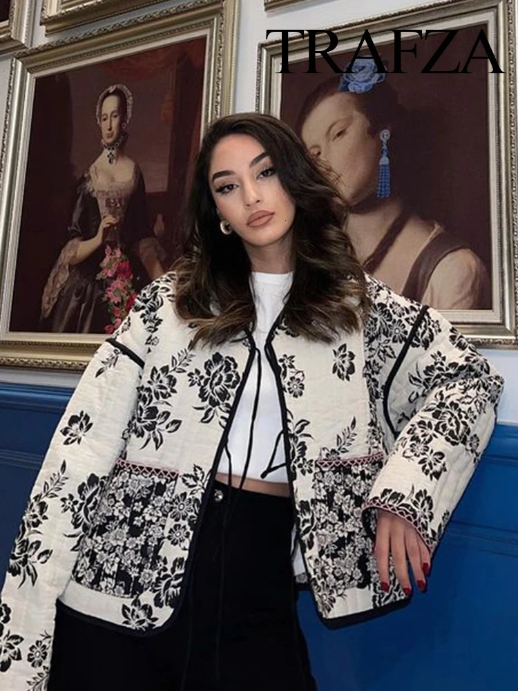 Women's Jackets TRAFZA Women Fashion Vintage Pint Cotton Coat Patchwork O Neck Loose Long Sleeve Jacket Autumn Outerwear Chic Woman Streetwear 23