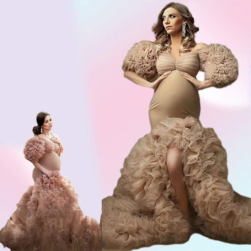 Champagne Tulle Kimono Women Evening Dresses Wear Poshoot Half Sleeves Off Shoulder Prom Gowns African Ruffles Mermaid Spl