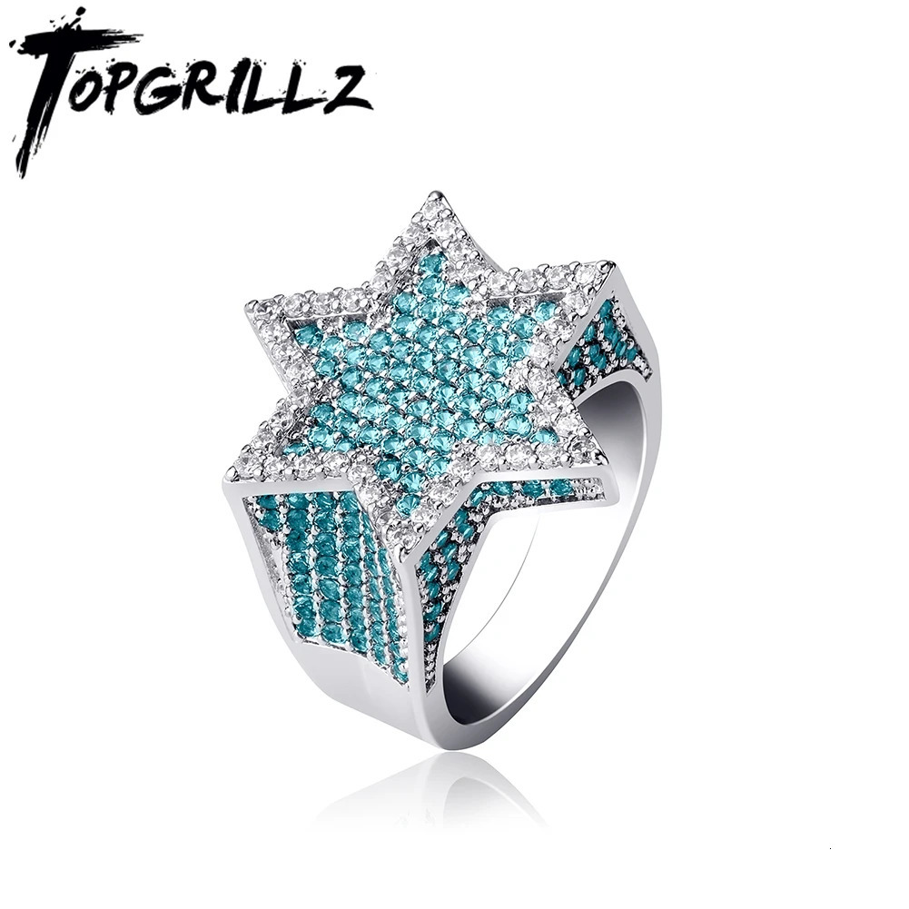 Wedding Rings TOPGRILLZ Hexagon Star Silver Color Blue Iced Out Cubic Zircon Micro Paved Personality Hip Hop Jewelry For Gifts 231101