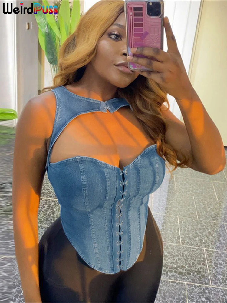 Camisoles Tanks Weird Puss Denim Hollow Women Tank Tops Single Breasted Irregular Non Stretch Summer Fashion Wild Streetwear Y2K Hipsters Vest 231101