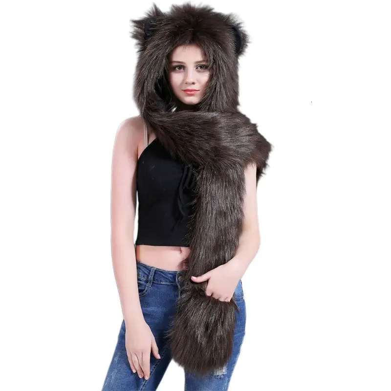 Hats Scarves Gloves Sets 3 In 1 Women Men Fluffy Plush Animal Wolf Leopard Hood Scarf Hat with Paws Mittens Thicken Winter Warm Earflap Bomber Cap 231