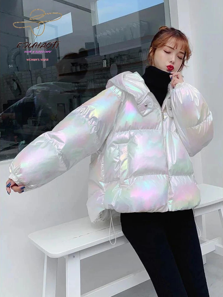 Women s Down Parkas Jacket Colorful Glossy Surface Hooded Cotton Coat Winter Korean Fashion Thicken Womens Clothing Loose Warm Tops 231031