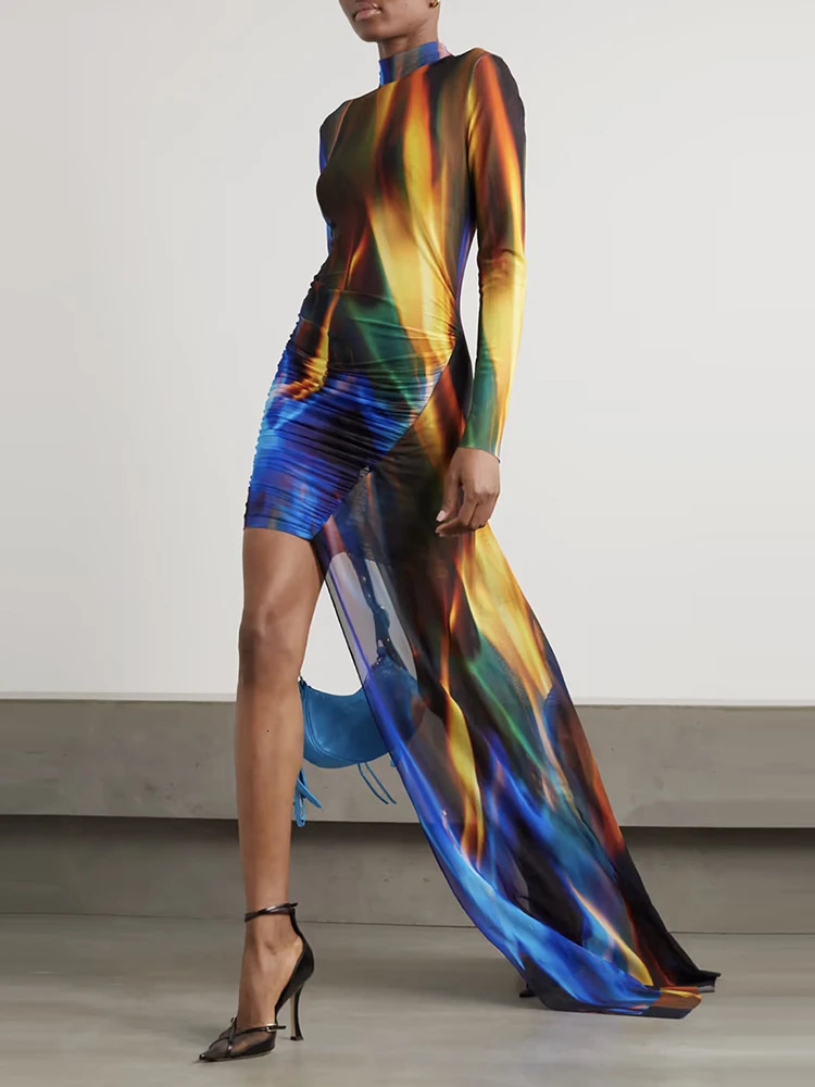 Basic Casual Dresses VGH Spring Fashion Colorblock Dress For Women Turtleneck Long Sleeve Patchwork Sheer Mesh Irregular Dresses Female Clothing 23103