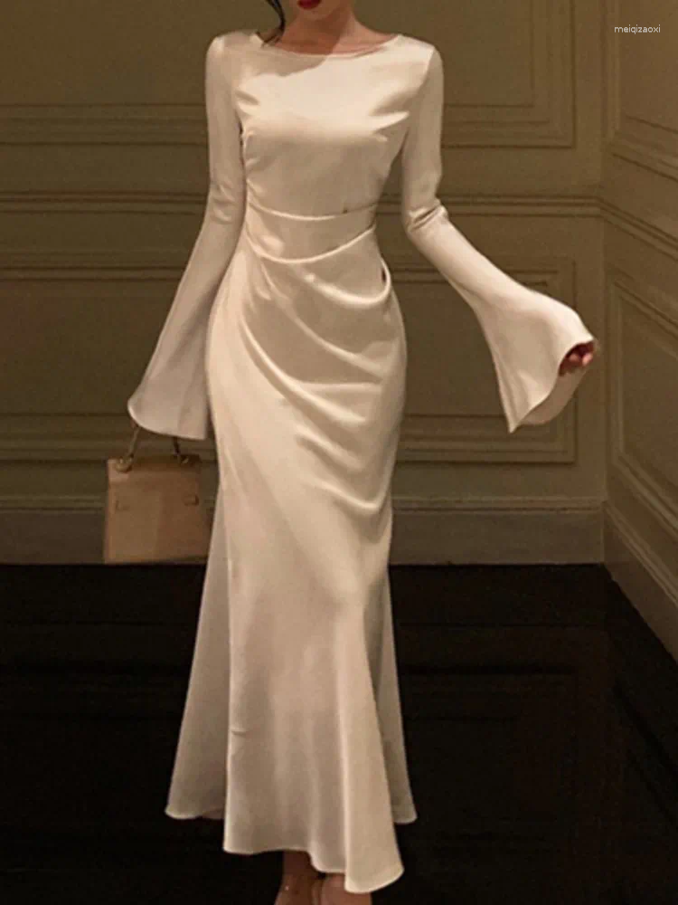 Casual Dresses Autumn Elegant Solid Midi Dress Women Flare Sleeve Slim Mermaid Spring French Vintage Wedding Party Vestidos Robe Mujers