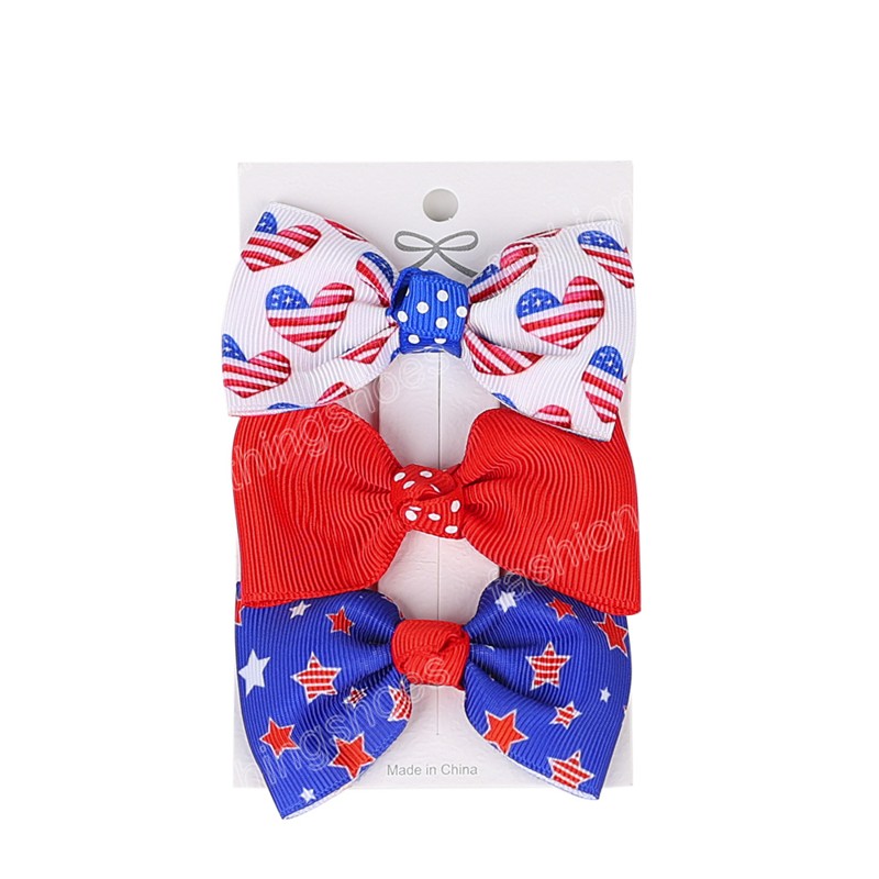 Girls Hair Bows Clip 4th Of July Independence Day Ribbon Bowknot Hairpins Star Stripes USA Flag Patriotic Hair Accessories 3pcs/Lot